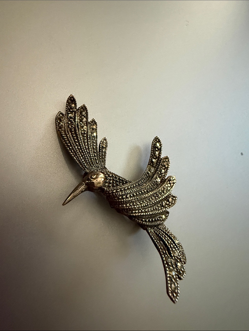 Vintage-Inspired Hummingbird Brooch in Antique Silver